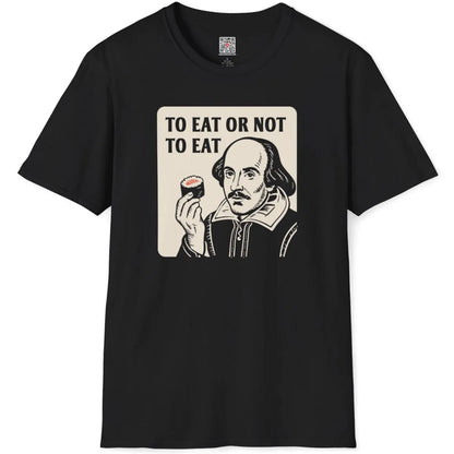 Flatlay black t-shirt, woodcut-style Shakespeare with salmon nigiri, statement shirt, culinary pop art.