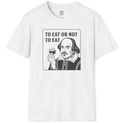 Flatlay white t-shirt featuring Shakespeare holding sushi, bold vintage font, minimalist artistic style.