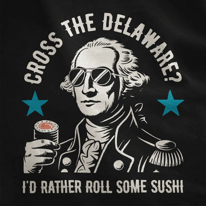 Close-up of black fabric displaying witty sushi pun graphic with vintage aesthetic and bold text.