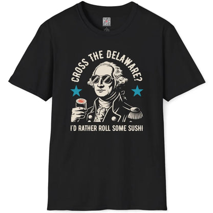 Black flatlay t-shirt with clever sushi pun, historical figure with sunglasses in black and white line art.
