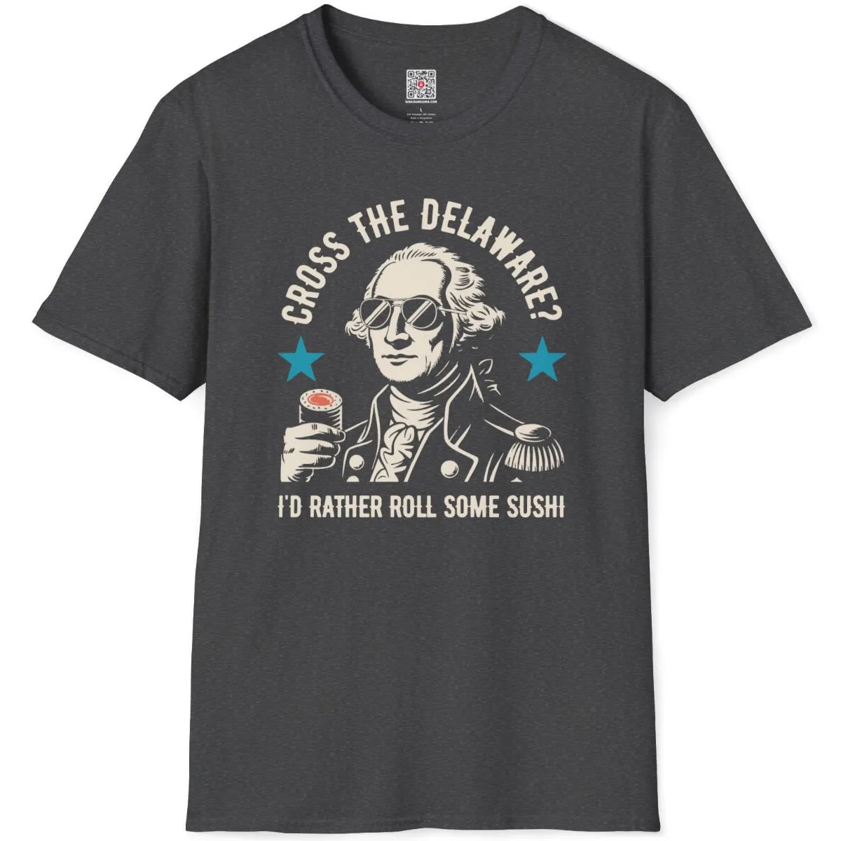 Dark heather t-shirt flatlay showing witty quote "I’d rather roll some sushi" with classic line art.