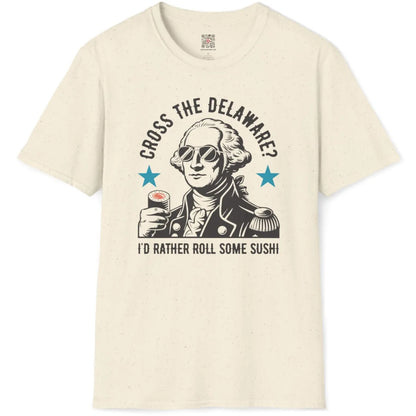 Natural t-shirt flatlay with artistic fusion of Japanese sushi and American colonial imagery in black and white.