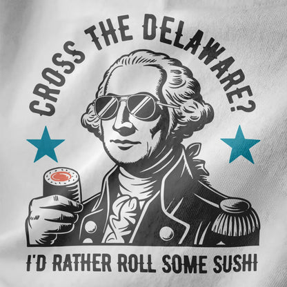 Close-up of white fabric showing black and white graphic of historical figure with sushi, cyan stars.
