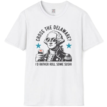 White flatlay shirt featuring graphic of colonial figure holding sushi roll, accented with cyan stars.