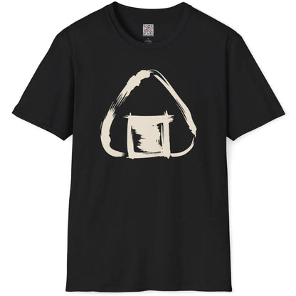 Black t-shirt flatlay with bold sumi-e inspired onigiri illustration rendered in thick brushstroke ink.