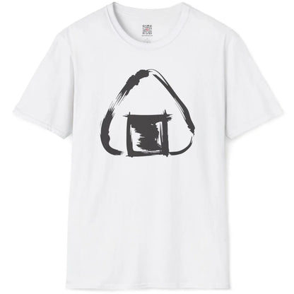 White flatlay shirt with minimalist monochrome onigiri design showing dynamic, splintered brush lines.