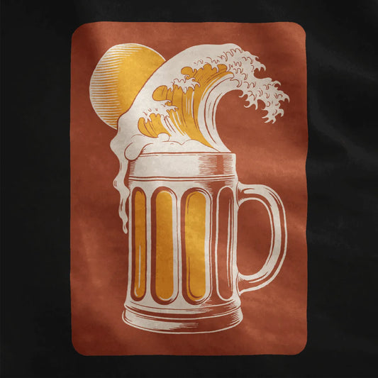 Beige wave with frothy foam merging into beer mug on black fabric close-up, vintage beer shirt style.