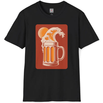 Black t-shirt flatlay featuring ukiyo-e style wave spilling into a beer mug with frothy head.