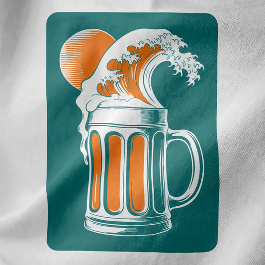 Beige and orange wave flowing into a vintage beer mug on white fabric close-up, artistic fusion.