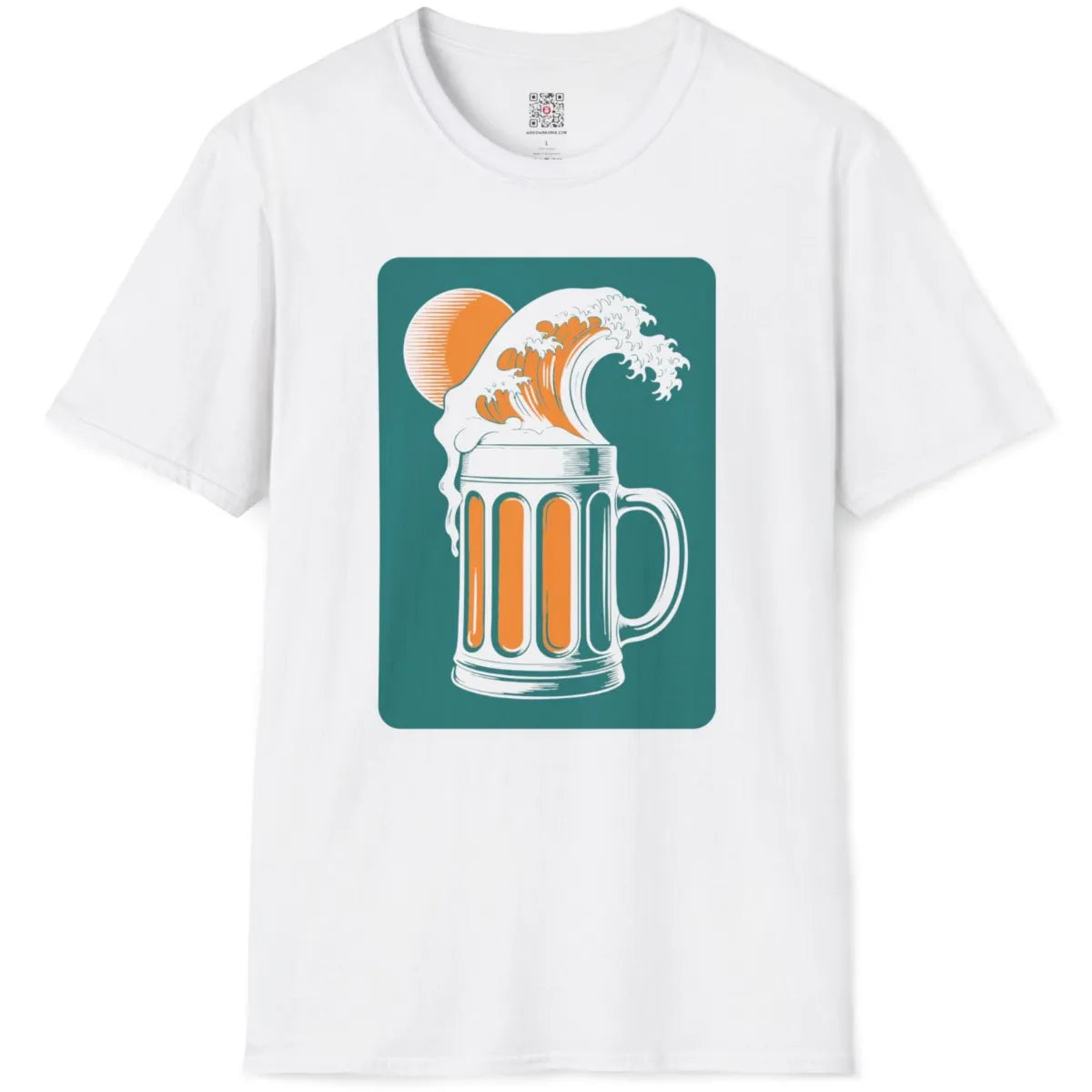 White t-shirt flatlay with colorful ocean wave pattern merging into a vintage beer mug graphic.