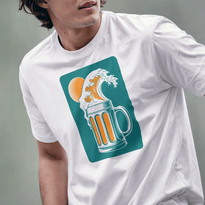 Male model wearing white t-shirt with japanese wave and beer mug graphic, lively design visible.