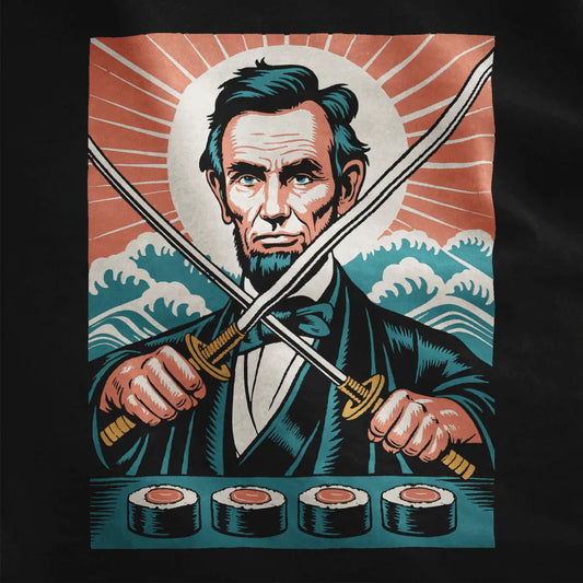 Bold graphic of Lincoln with katanas, sushi, and ukiyo-e waves on black fabric close-up.