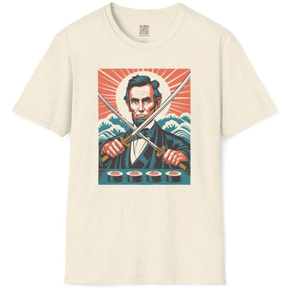 Natural flatlay of graphic t-shirt combining American icon Lincoln and Japanese katana art.
