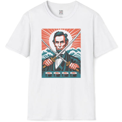 White flatlay featuring Abraham Lincoln framed by ukiyo-e waves and orange halo with sushi.