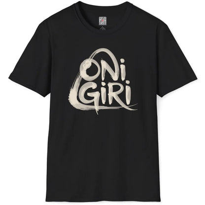 Black flatlay t-shirt featuring bold, artistic brushstroke "Onigiri" handwritten text.