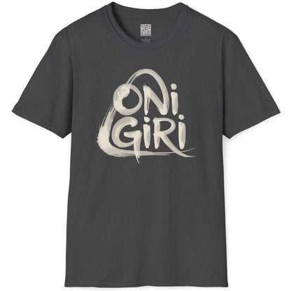 Dark heather t-shirt flatlay with energetic, hand-drawn "Onigiri" brushstroke text design.