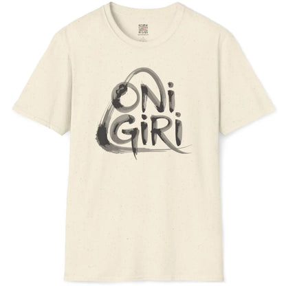 Natural fabric flatlay shirt showcasing minimalist, creative "Onigiri" brushstroke lettering.