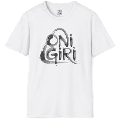White flatlay shirt with playful, casual "Onigiri" brushstroke design in monochrome colors.