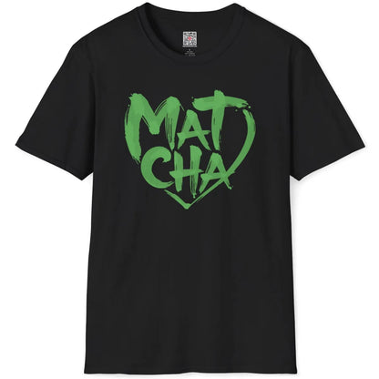 Black flatlay shirt displaying organic, hand-drawn green "Matcha" heart script graphic.