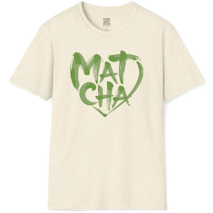 Natural fabric flatlay with expressive, hand-painted green "Matcha" heart script design.
