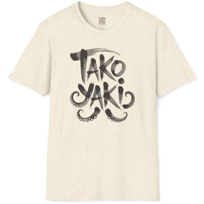 Natural fabric shirt flatlay with monochrome "TAKO YAKI" design and curling tentacles in brushstroke style.