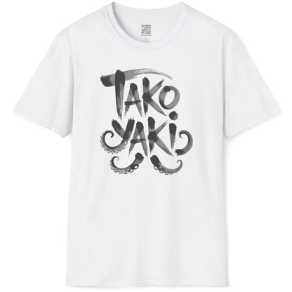 White flatlay shirt showing bold, playful "TAKO YAKI" lettering intertwined with octopus tentacles.