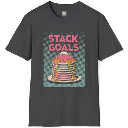 Dark heather flatlay showing whimsical Mount Fuji pancake stack with syrup and retro pop-art graphic text.
