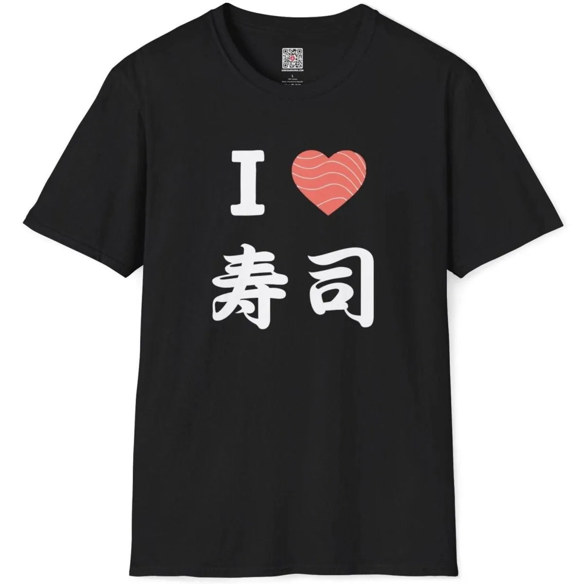 Black shirt flatlay, bold "I ♥ SUSHI" with kanji. sushi t-shirt, bold text fonts, cultural blend.