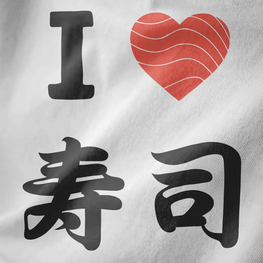 Minimalist "I ♥ SUSHI" design with kanji on white shirt closeup. sushi shirt, japanese t-shirts, cultural symbolism.