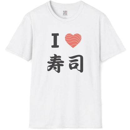White shirt flatlay, "I ♥ SUSHI" with kanji and red heart. sushi shirt, minimalist font, cultural symbolism.