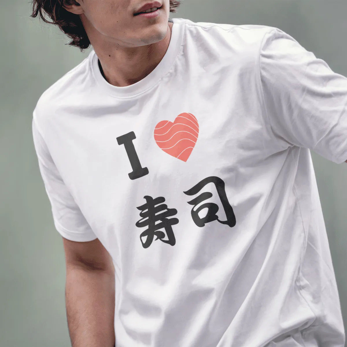 Male model in white shirt with "I ♥ SUSHI" kanji design. sushi shirt, love symbolism, japanese t-shirts.