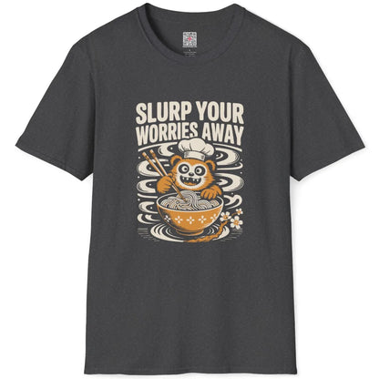 Dark heather t-shirt flatlay showing whimsical red panda slurping noodles with playful ramen design.