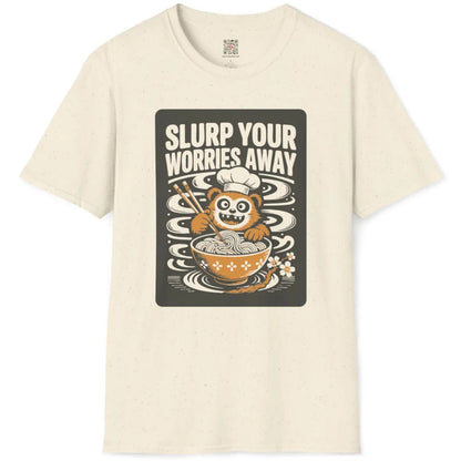 Natural fabric flatlay shirt with joyful red panda, ramen bowl, and delicate cherry blossom sprig.
