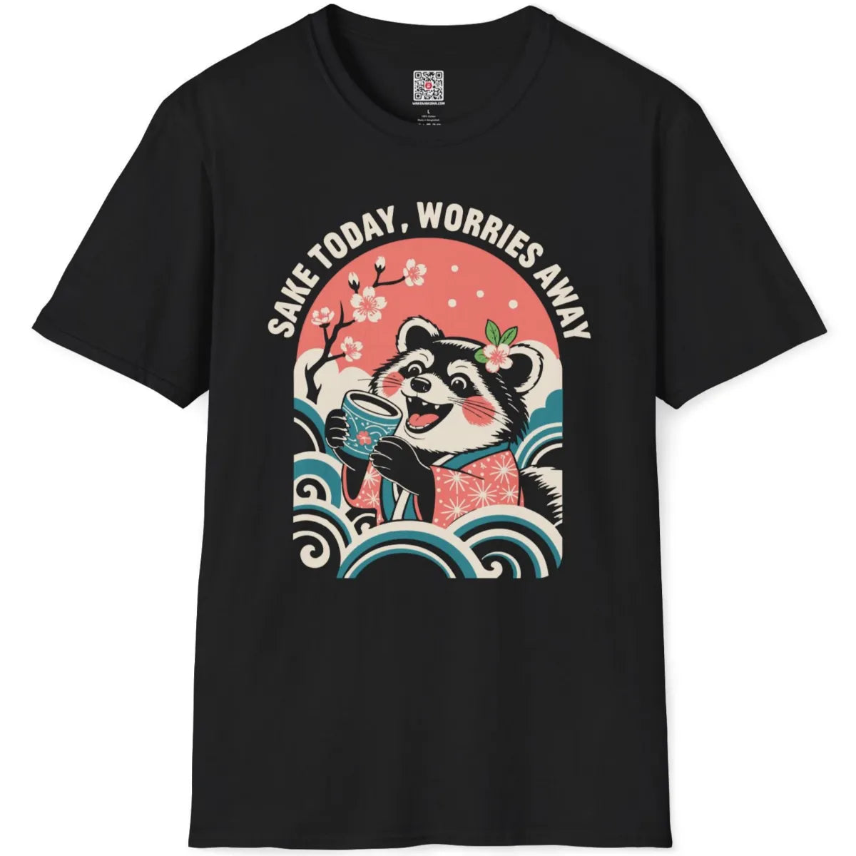 Flatlay of black tee with joyful raccoon in kimono and flower, tranquil landscape, pastel colors, hand-drawn.