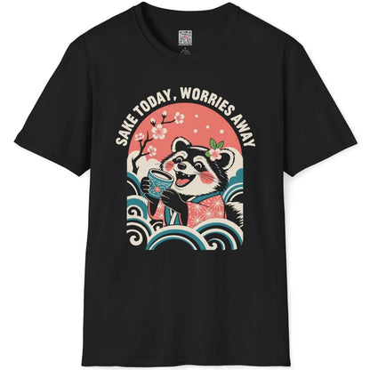 Flatlay of black tee with joyful raccoon in kimono and flower, tranquil landscape, pastel colors, hand-drawn.