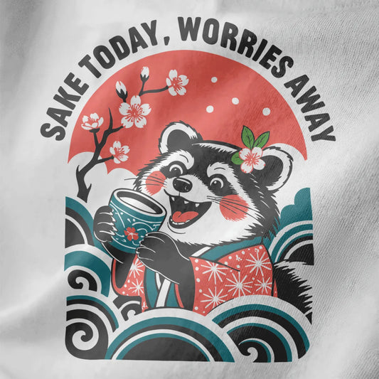White fabric close-up of cheerful raccoon in kimono with sake cup and cherry blossoms, pastel color palette, line art.