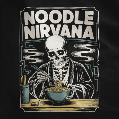 Close-up of black fabric showing ramen bowl and skeletal figure with intricate line art.
