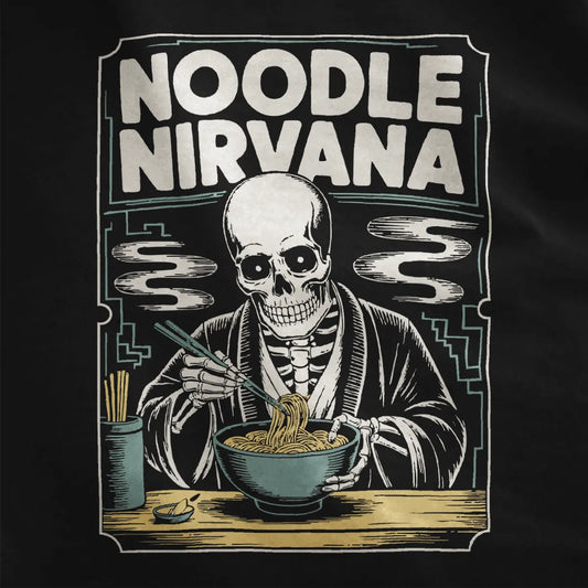 Close-up of black fabric showing ramen bowl and skeletal figure with intricate line art.