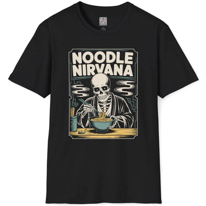 Black t-shirt flatlay with "NOODLE NIRVANA" skeleton design and Japanese ramen theme.
