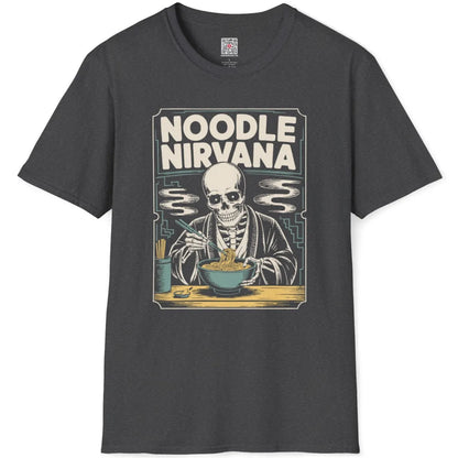 Dark heather flatlay of ramen art t-shirt featuring skeleton with mystical patterns.