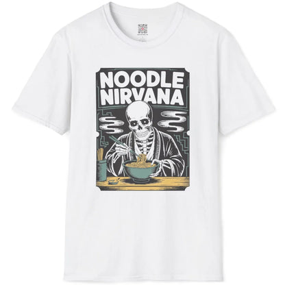 White t-shirt flatlay showing monochromatic ramen and skeleton graphic with playful font.