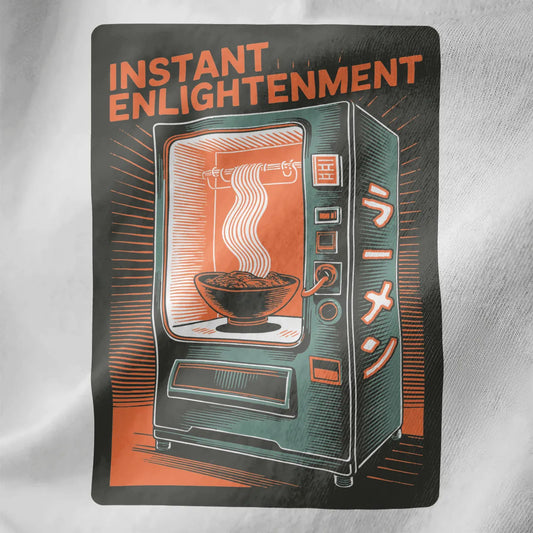 Close-up of white fabric showing detailed retro vending machine with glowing ramen art.