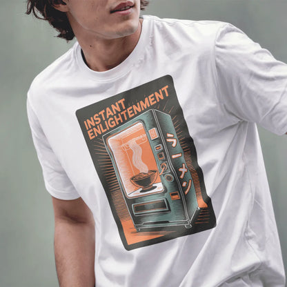 Male model wears white t-shirt with hand-drawn retro vending machine and steaming ramen bowl.