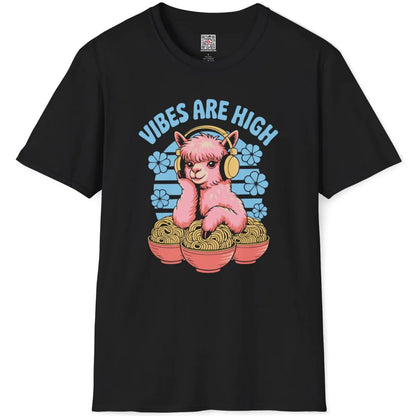 Black flatlay tee showing cute pink alpaca wearing headphones with ramen bowls and bold blue "VIBES ARE HIGH" text.
