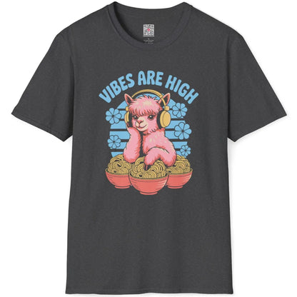 Dark heather flatlay t-shirt with whimsical pink alpaca wearing yellow headphones amid ramen bowls and blue flowers.