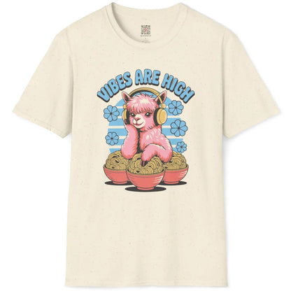 Natural fabric flatlay of pastel alpaca with headphones, pink ramen bowls, and retro blue stripes graphic design.