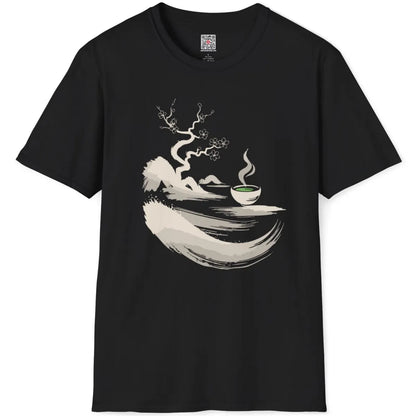 Black t-shirt flatlay featuring minimalist sumi-e twisted tree, cherry blossoms, and vibrant matcha bowl.