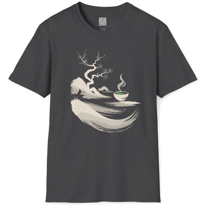 Dark heather t-shirt flatlay showing Japanese sumi-e twisted tree with cherry blossoms and green matcha bowl.