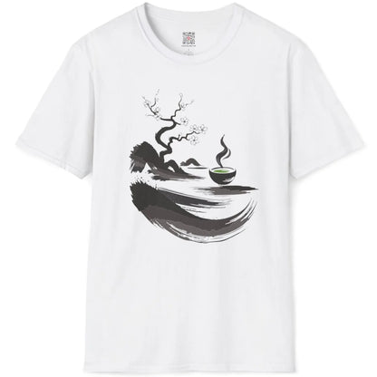 White t-shirt flatlay with serene sumi-e twisted tree, delicate cherry blossoms, and bright green matcha bowl.