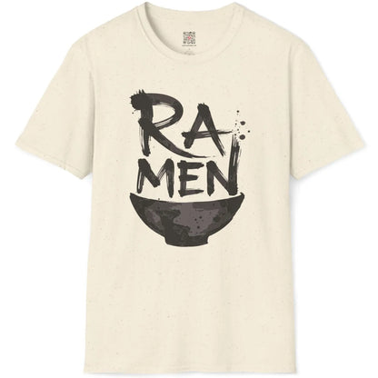 Natural fabric t-shirt flatlay displaying hand-drawn "RAMEN" brushstroke text and ceramic bowl art.